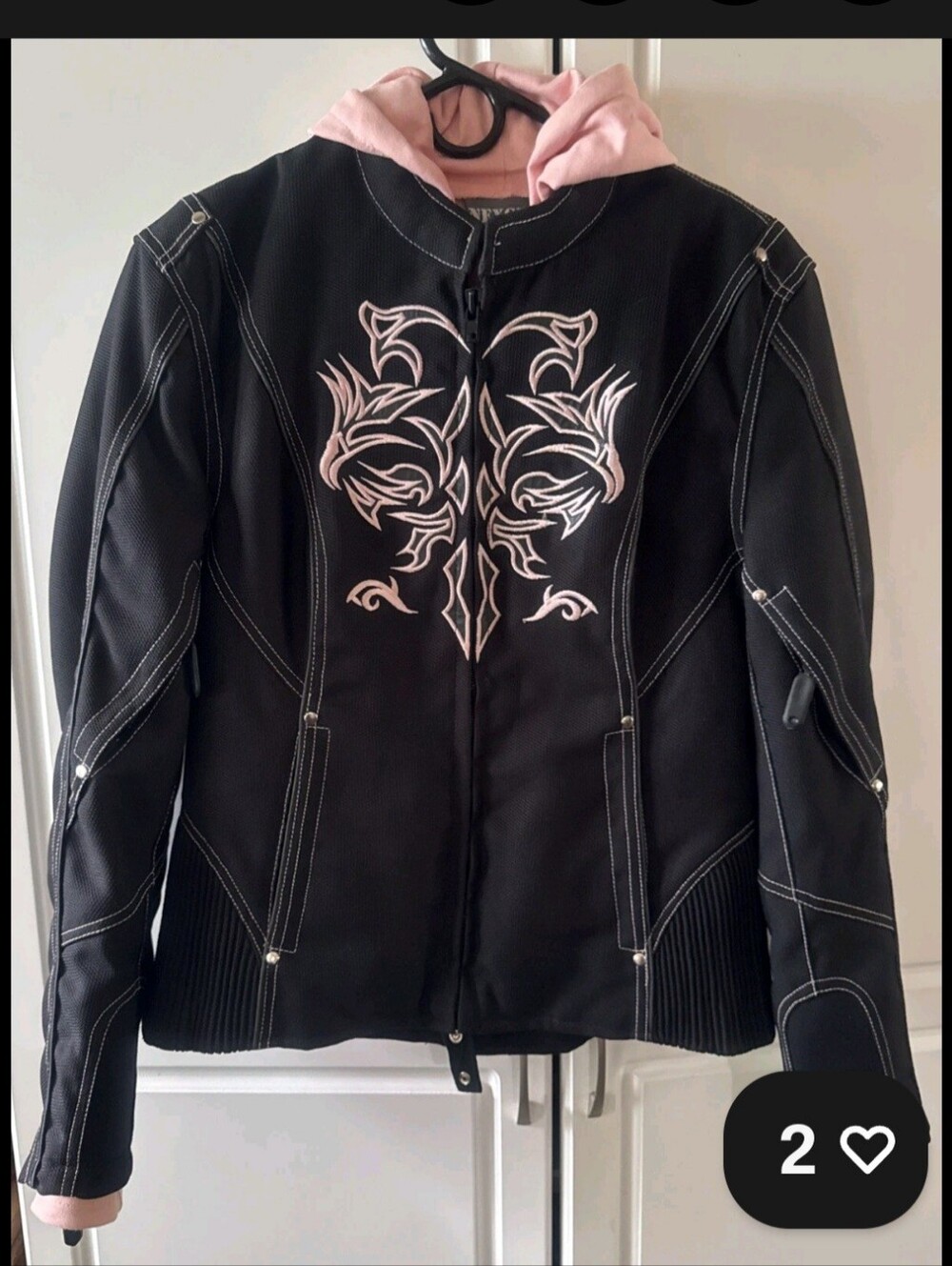 Xelement Black Jacket with Pink Embroidery & Removable  Hoodie - Size Large